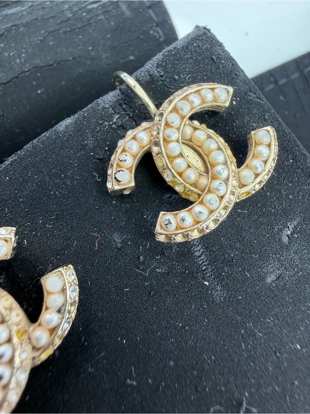 Authentic Chanel Interlocking CC Faux Pearl Hoop Earrings Gold Tone